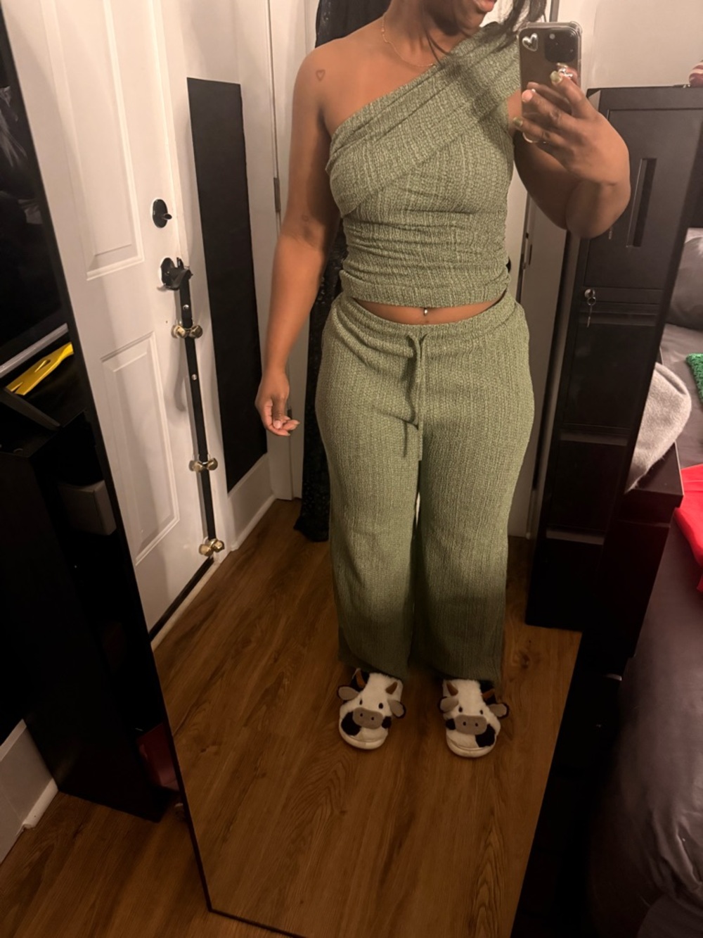 Zara Olive One-Shoulder Knit Crop Top & Wide-Leg Pants Set